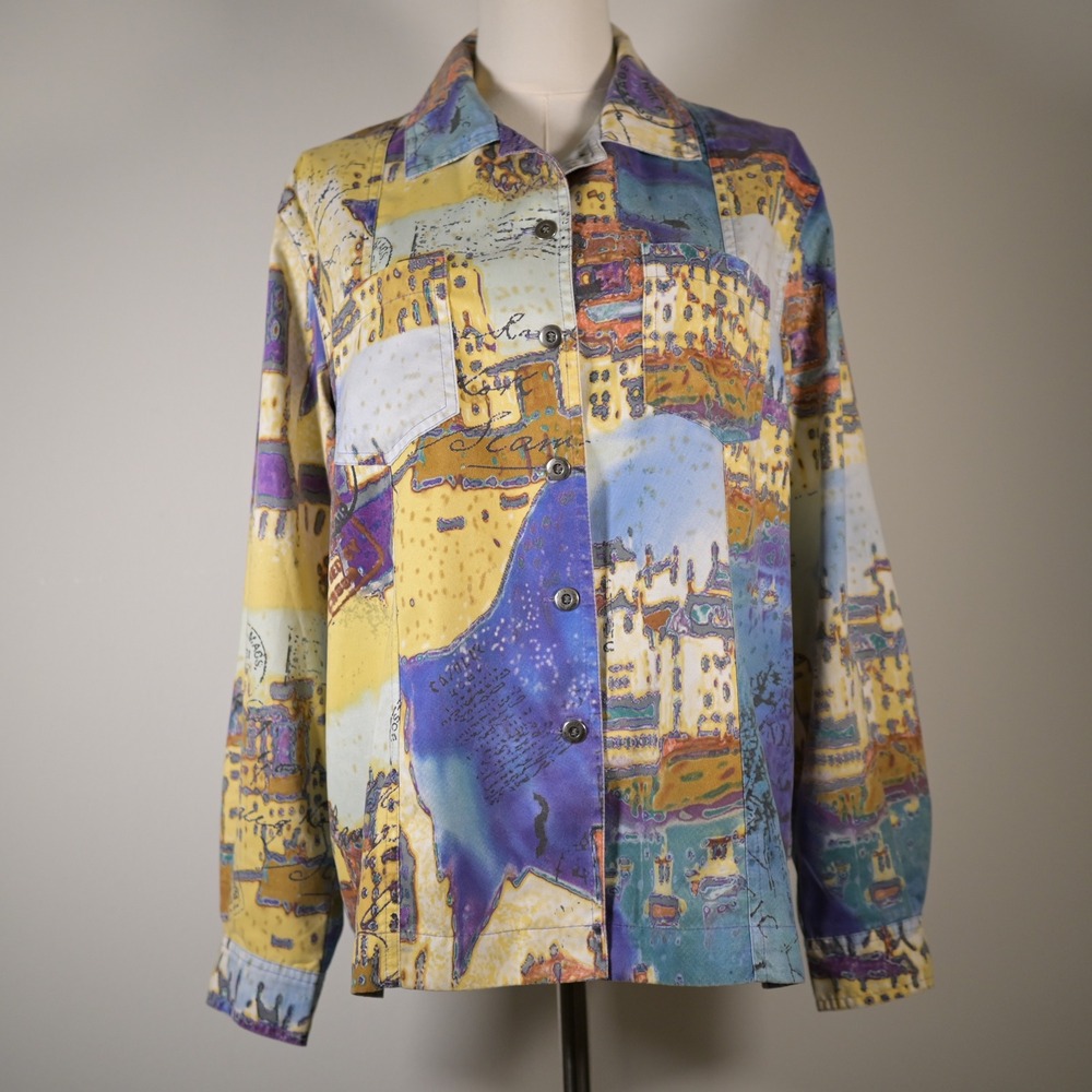 Chicos Womens Size 1 Postcard City Print Button Front Shirt Yellow Purple Blue